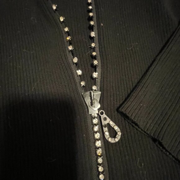 Black Ribbed Zip-Up Cardigan with Rhinestone Trim - Picture 3 of 3